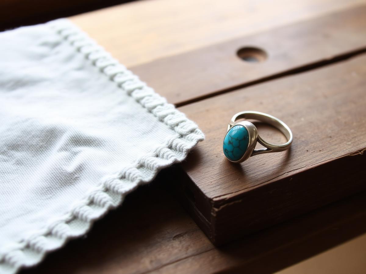 A soft polishing cloth beside a finished sterling silver ring with a turquoise stone